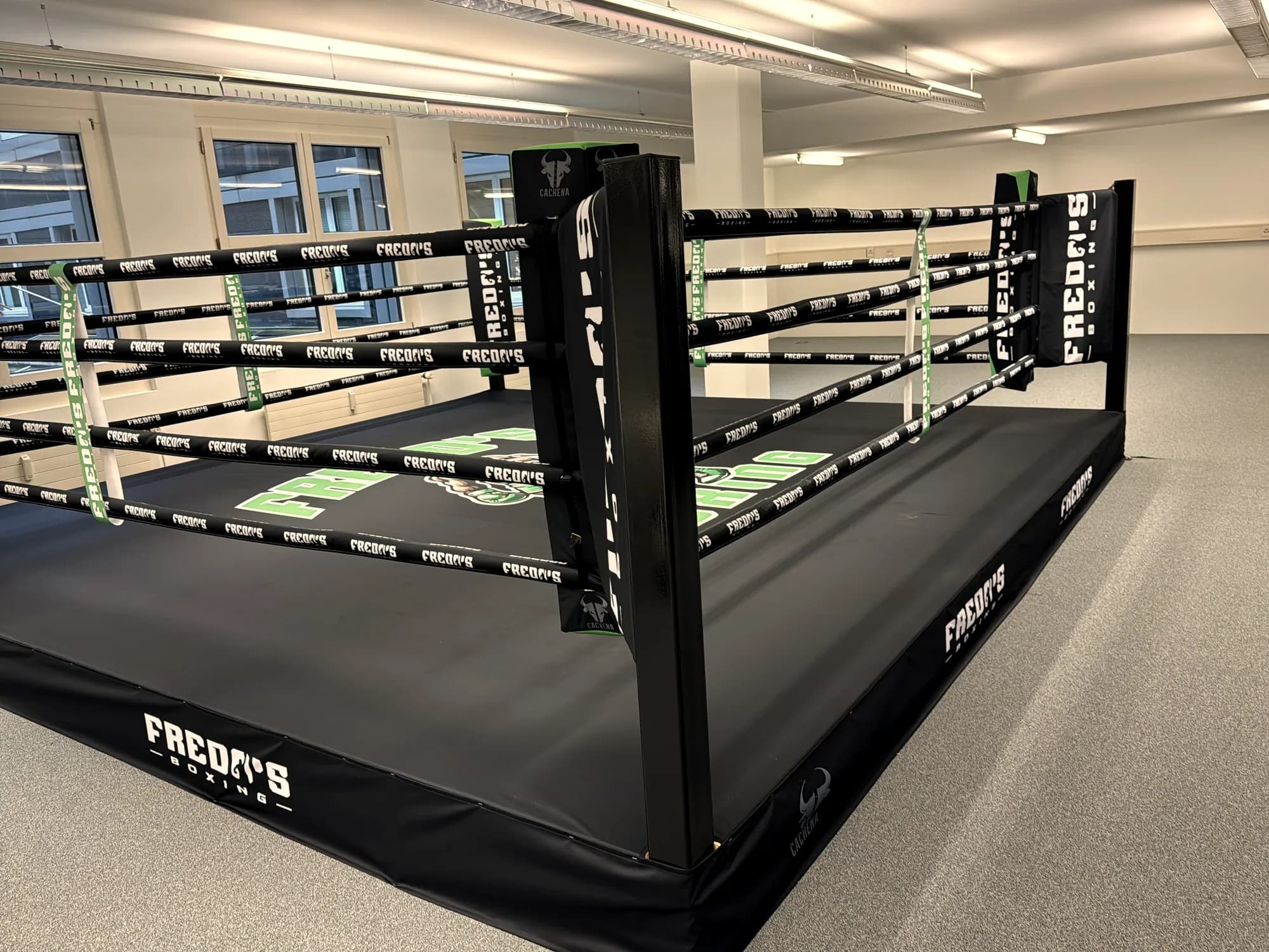 Custom boxing ring with printed canvas and corner pads