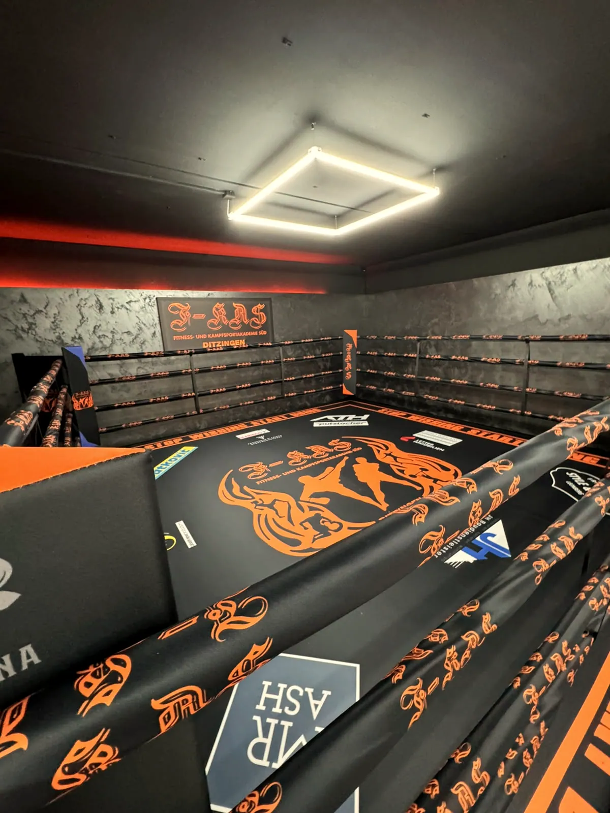 Boxing ring with an orange printed canvas and ropes under an LED ceiling