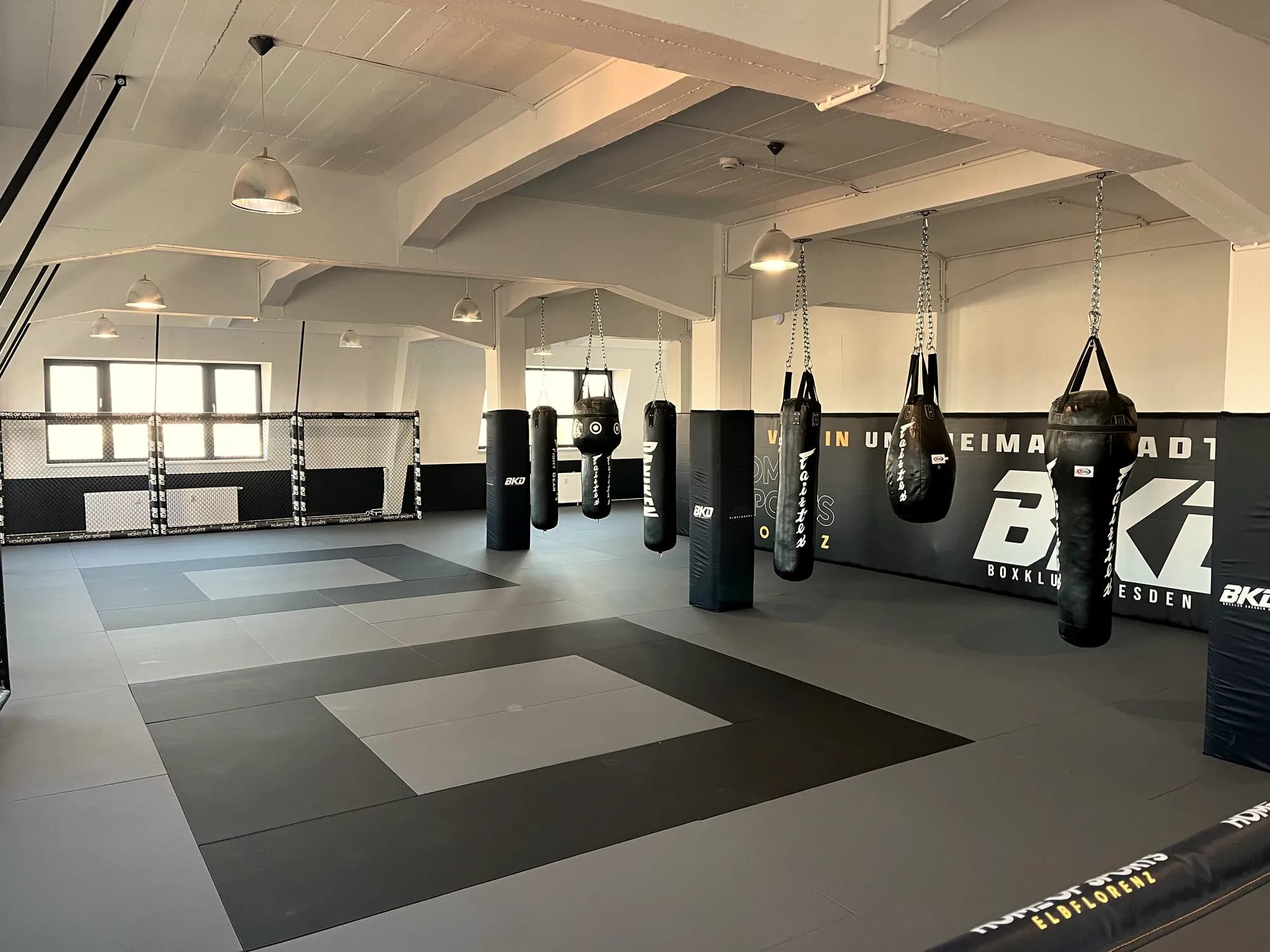 Kampfsportstudio mit Boxsäcken, bedruckter Wandpolsterung und Mattenboden