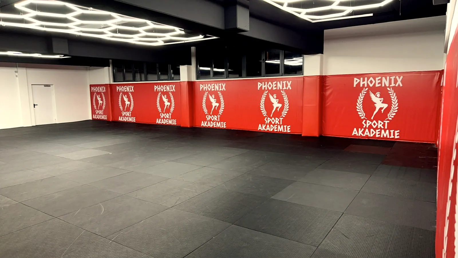 Red printed wall padding at Phoenix Sport Akademie along a mat area
