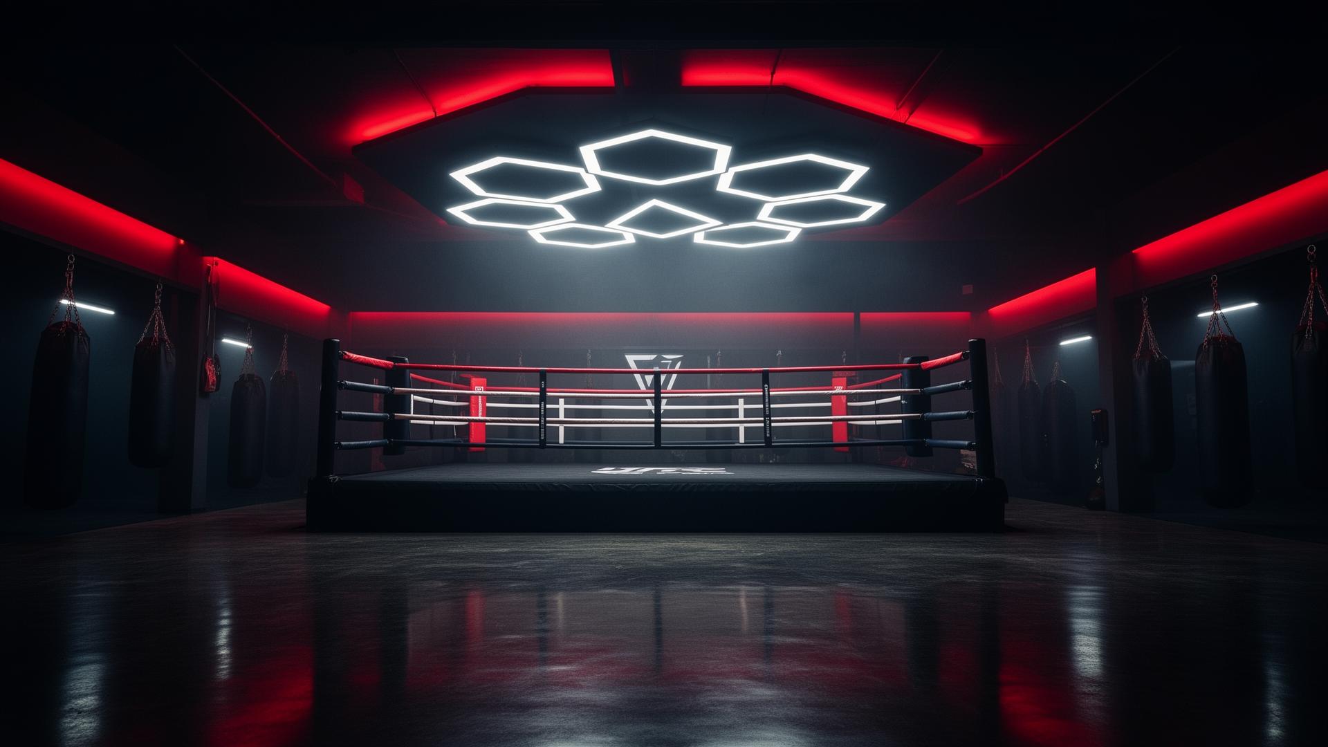 Premium MMA Gym mit Boxring und hexagonaler LED-Beleuchtung